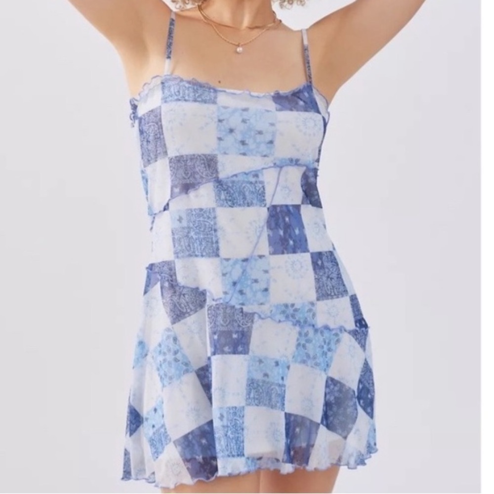 UO Moxie Mesh Mini Slip Dress Blue Denim Like Pattern